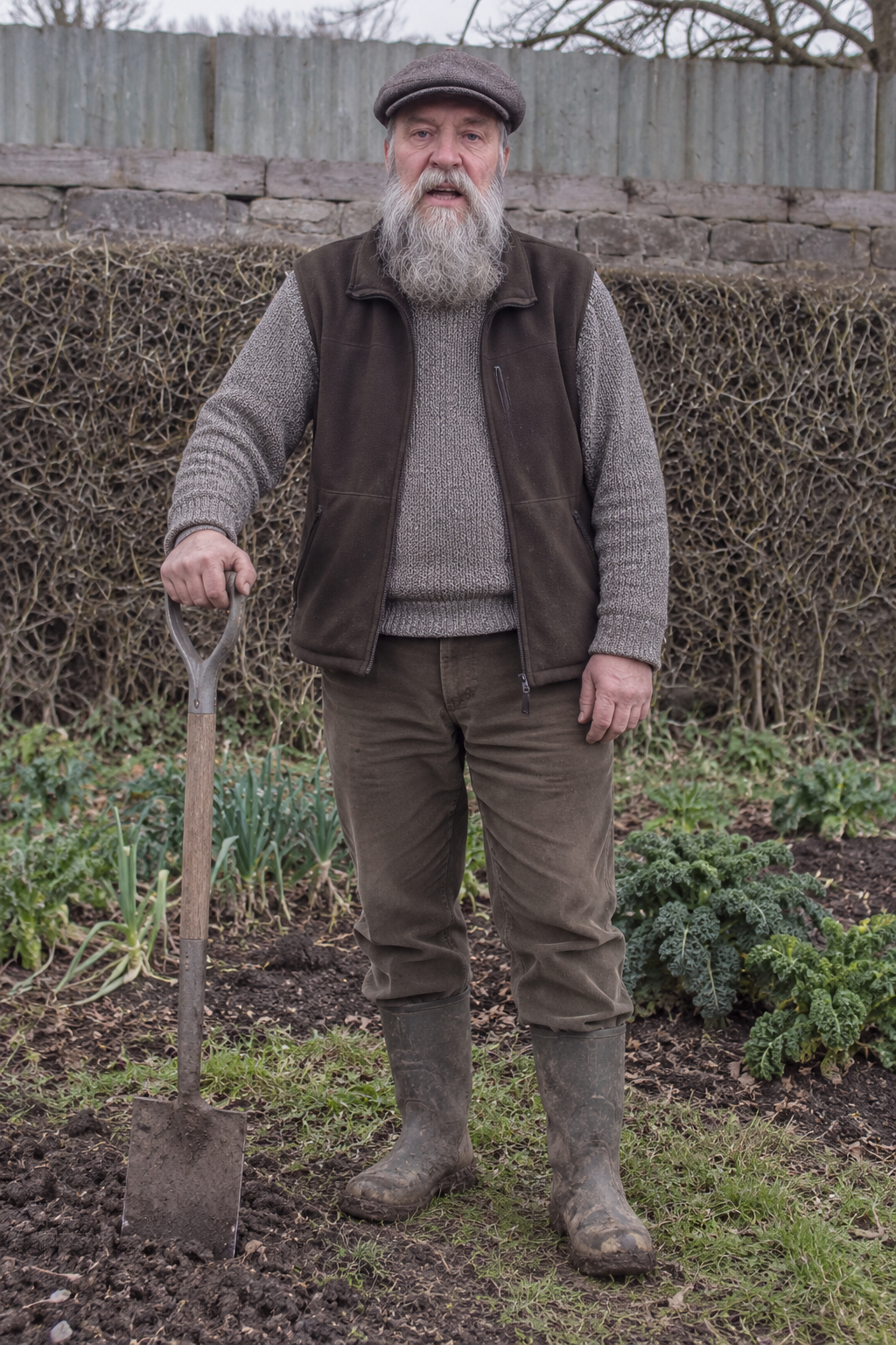 Full-body portrait of Bill Barnes standing with a garden spade, from his flat cap to his boots